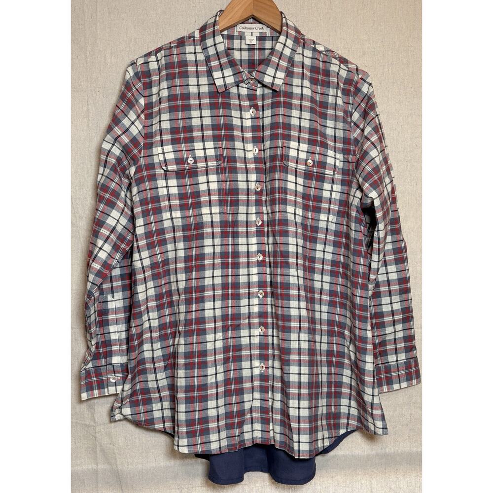 Coldwater Creek Embroidered Back‎ Plaid Button-Up Shirt Women Size XL